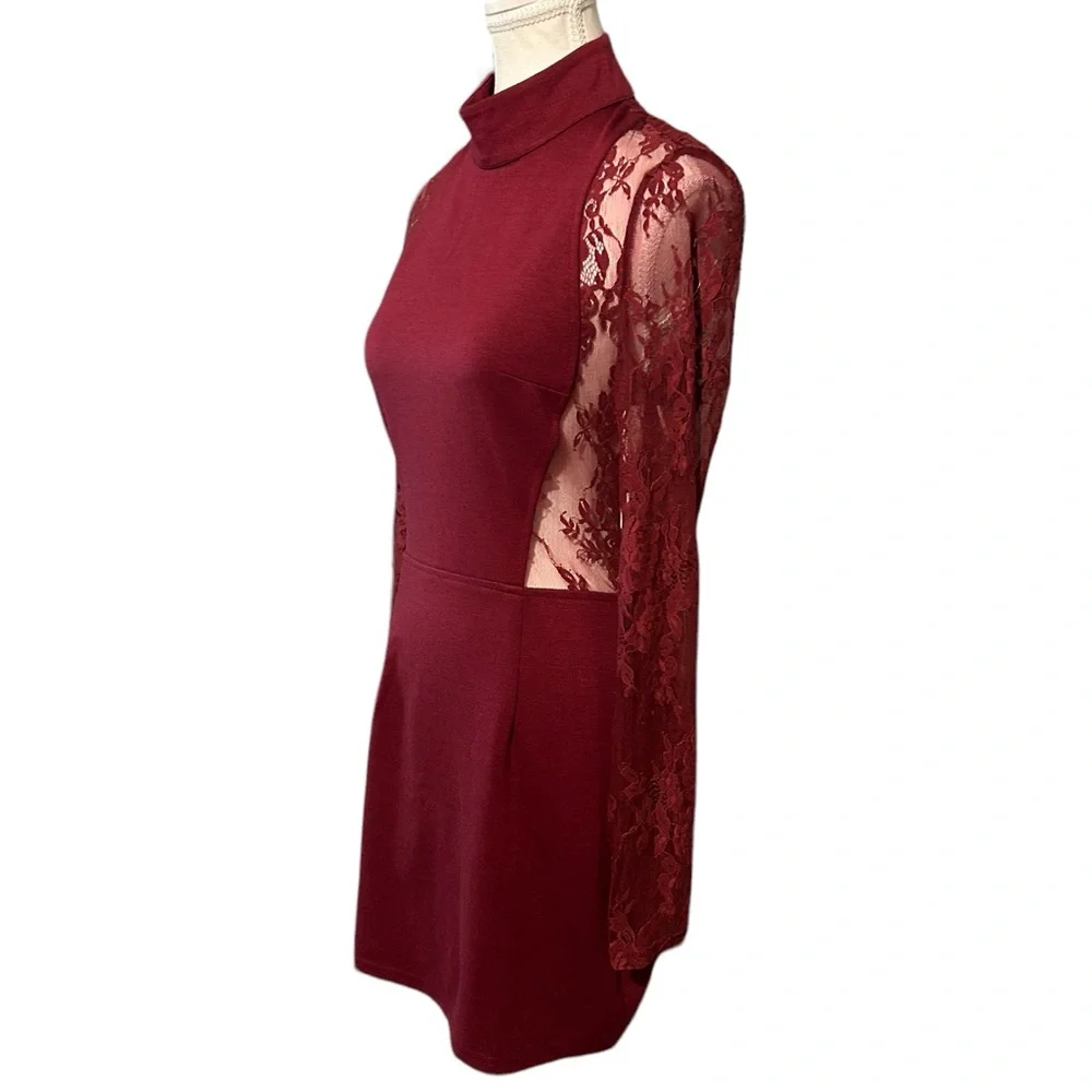 TOBI High Neck Backless Maroon Bodycon Dress w/ See-Thru Lace - Picture 2 of 13